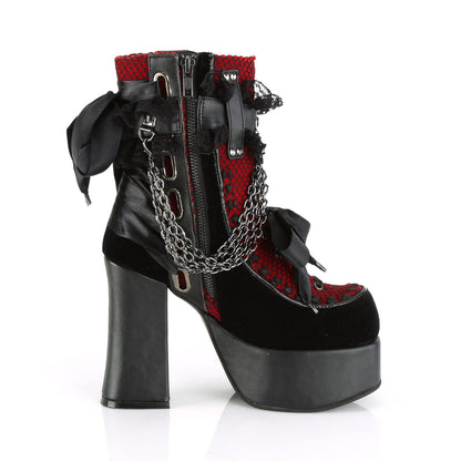 CHARADE-110 Black Vegan Leather -Red-Black Velvet-Fishnet Overlay