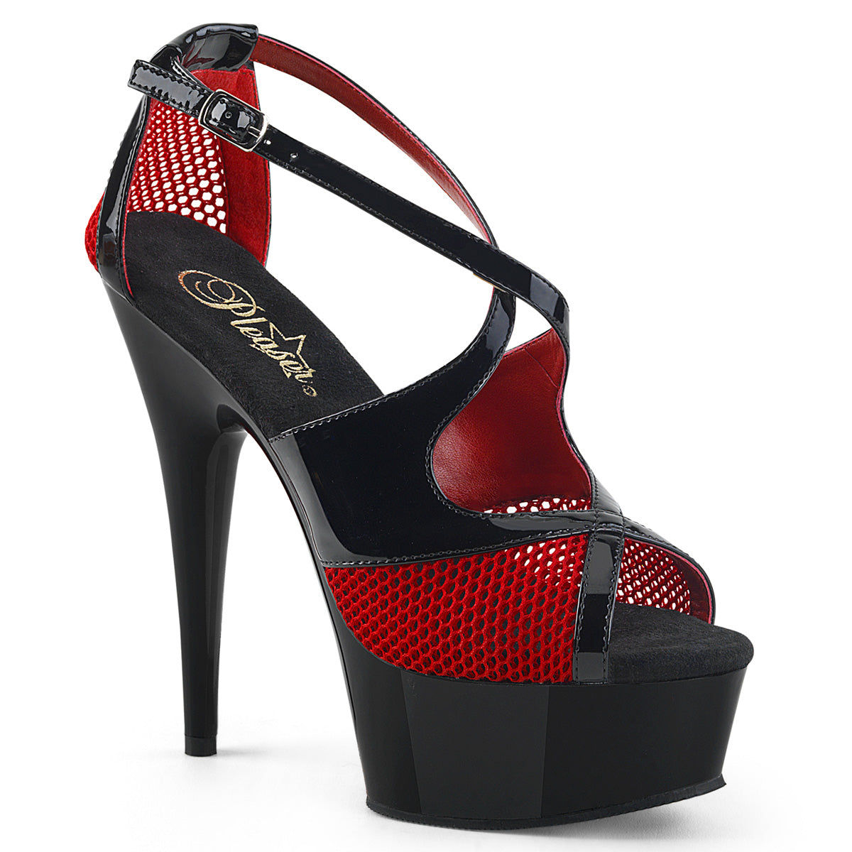 DELIGHT-652-1 Black Patent-Red Fishnet/Black