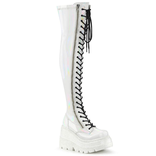 SHAKER-374 White Hologram Stretch Patent Thigh Boot Demonia US Size (Women's): 6