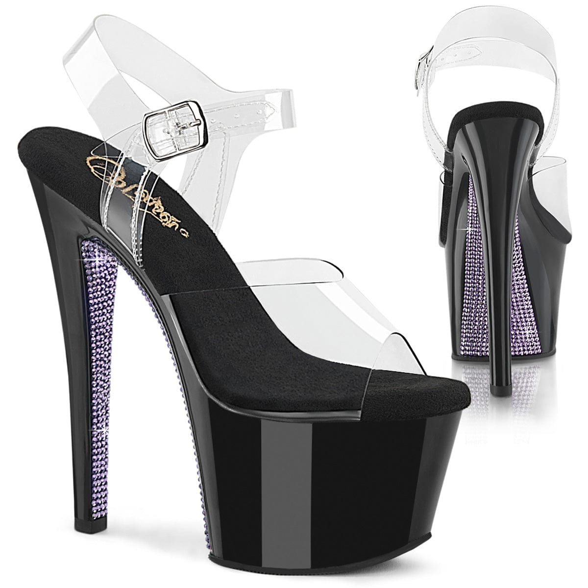 SKY-308CRS Platform Shoes Clear/Black-Lavender Rhinestone