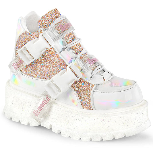 SLACKER-50 White Hologram graphic Patent -Baby Pink Multi Glitter Ankle Boot Demonia US Size (Women's): 6