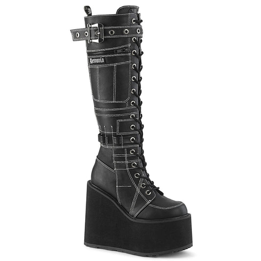 SWING-260 Black Vegan Leather Knee High Boots Demonia US Size (Women's): 6