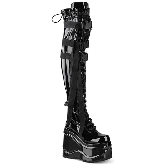 WAVE-315 Black Stretch Patent Thigh Boot Demonia US Size (Women's): 6