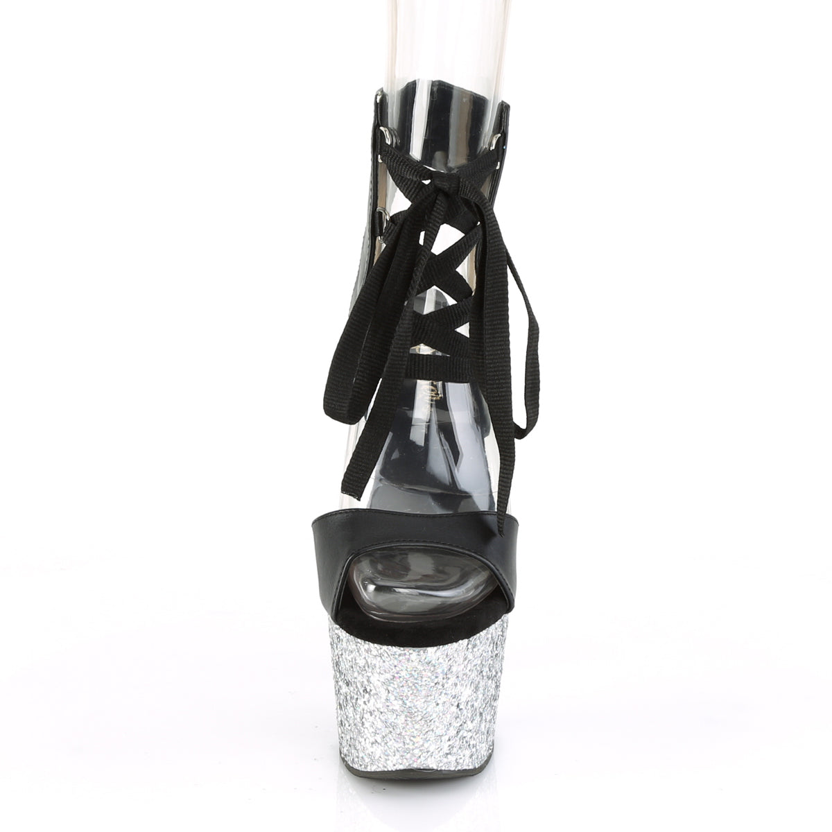 ADORE-700-14LG Black Faux Leather/Silver Multi Glitter Platform Sandal Pleaser