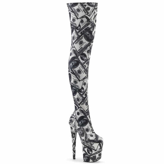 FLAMINGO-3000DP White-Black Stretch Fabric/White-Black Fabric Thigh Boot Pleaser US Size (Women's): 5