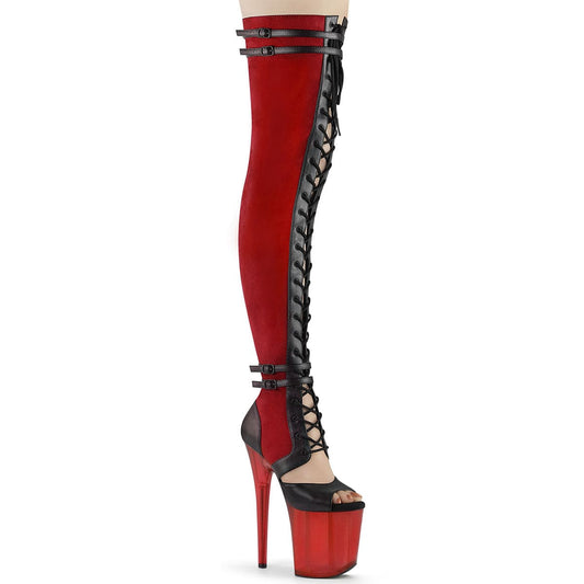 FLAMINGO-3027 Red Faux Suede-Black Faux Leather/Frosted Red Thigh Highs Pleaser US Size (Women's): 6