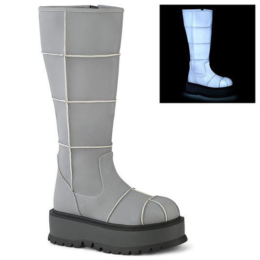 SLACKER-230 Grey Reflective Vegan Leather Knee Boot Demonia US Size (Women's): 6