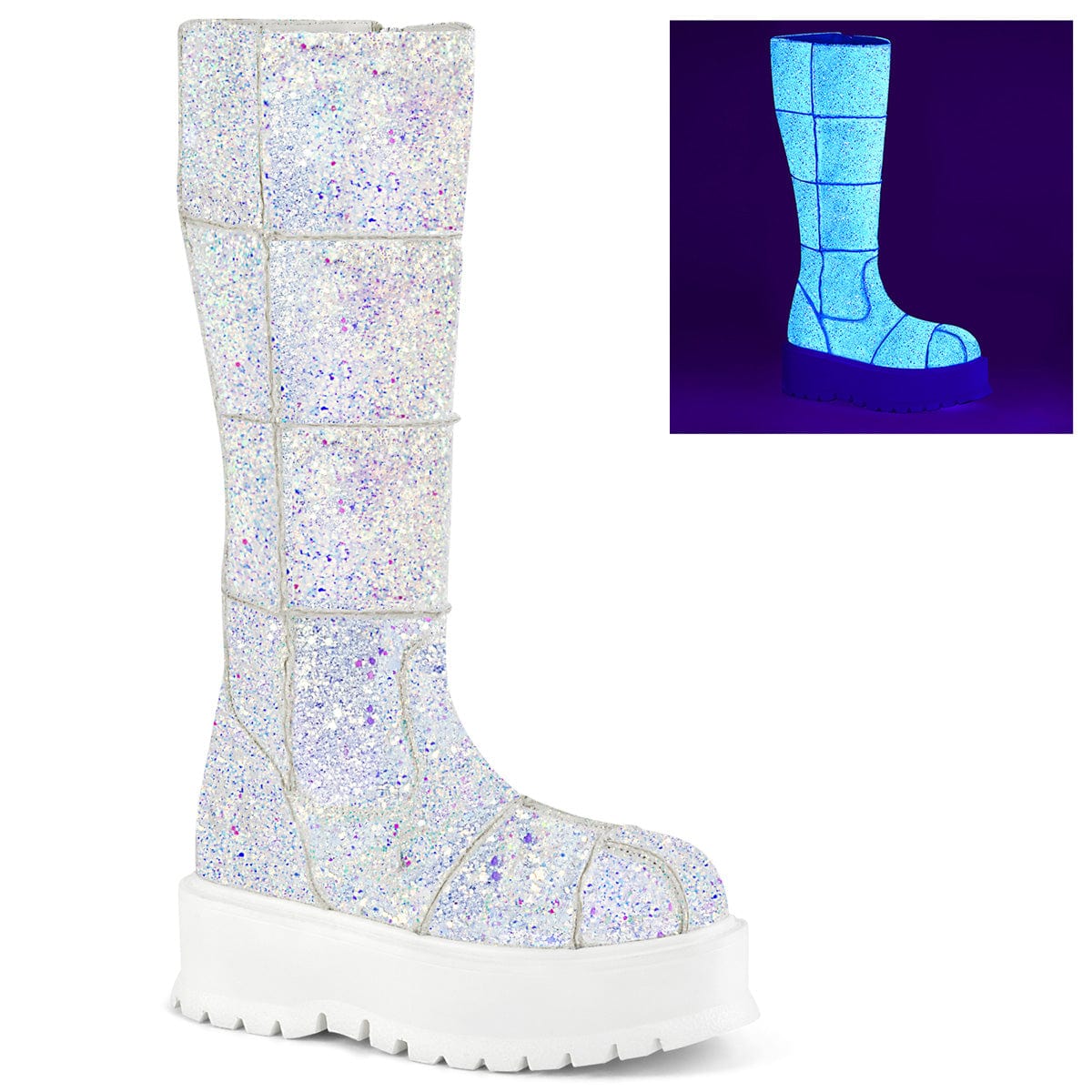 SLACKER-230 White Multi Glitter Knee Boot Demonia US Size (Women's): 6