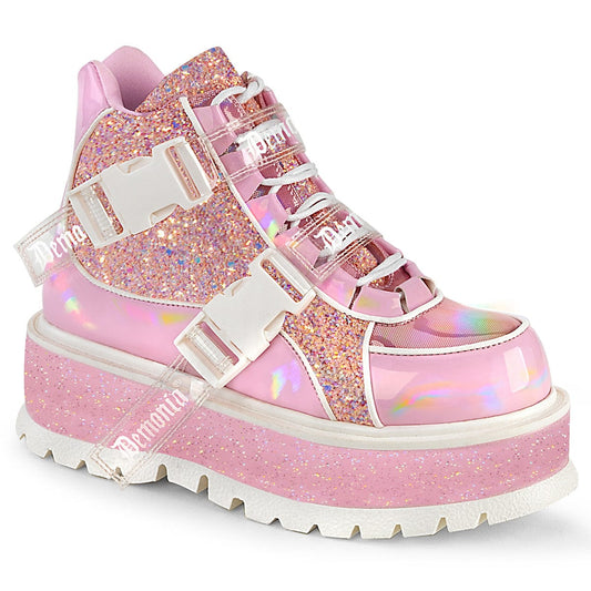 SLACKER-50 Baby Pink Hologram graphic Patent -Pink Multi Glitter Ankle Boot Demonia US Size (Women's): 6