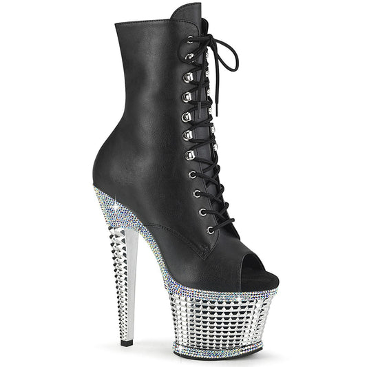 SPECTATOR-1021RS Black Faux Leather/Silver Rhinestones-Chrome Ankle Boot Pleaser US Size (Women's): 6