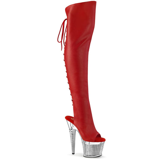 SPECTATOR-3019 Red Faux Leather/Clear-Silver Chrome Thigh Boot Pleaser US Size (Women's): 6