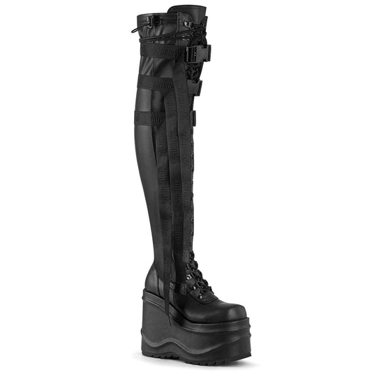 WAVE-315 Black Stretch Vegan Leather Thigh Boot Demonia US Size (Women's): 6