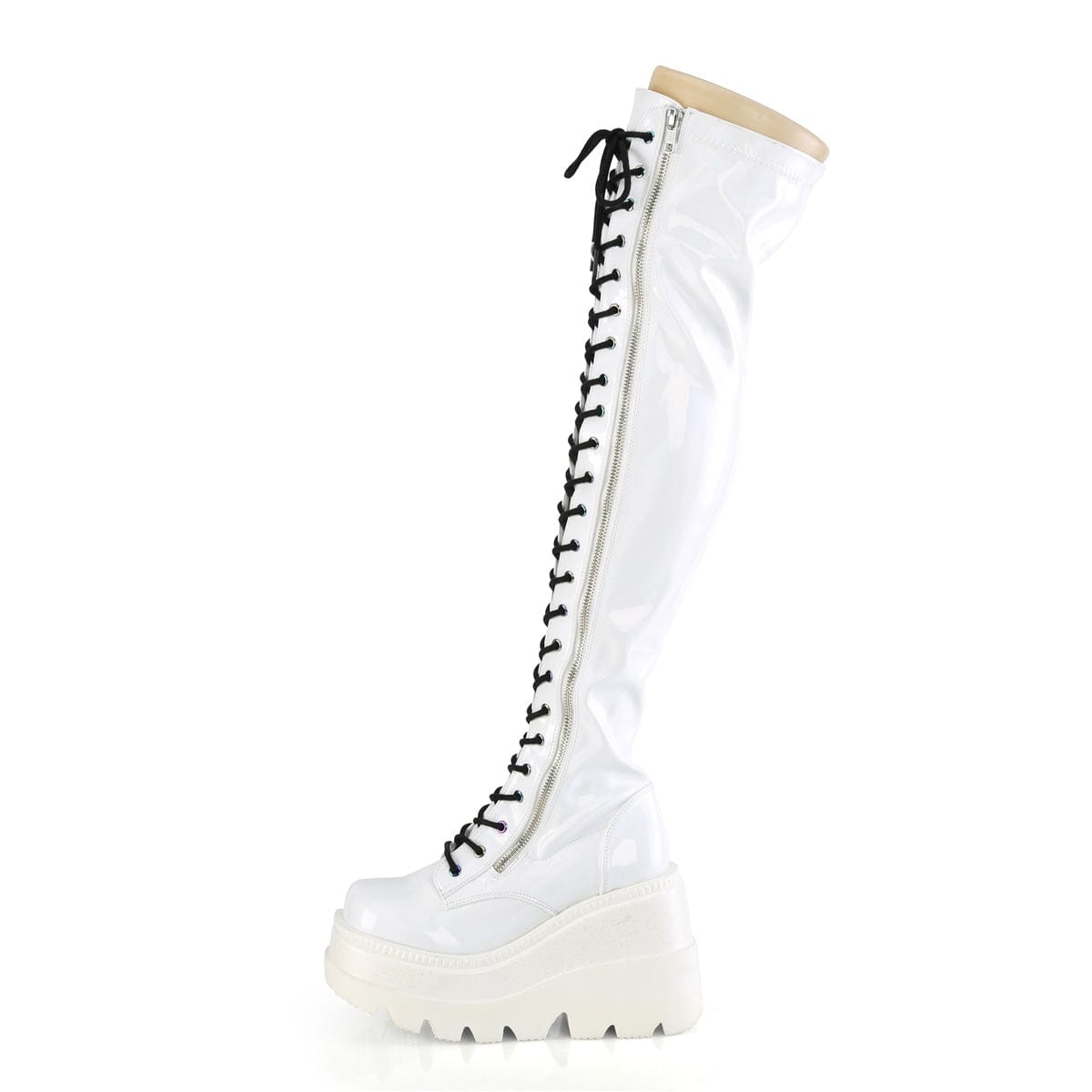 SHAKER-374 White Hologram Stretch Patent Thigh Boot Demonia US Size (Women's): 6